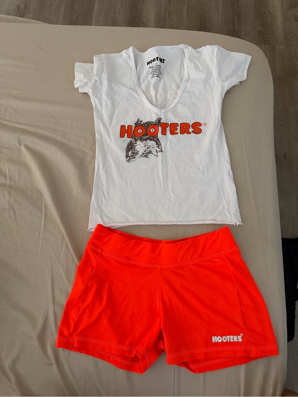 Hooters White Logo Tee with Bright Orange Athletic Shorts